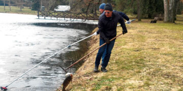 Šaltą žiemą žuvys tvenkinyje neišgyveno